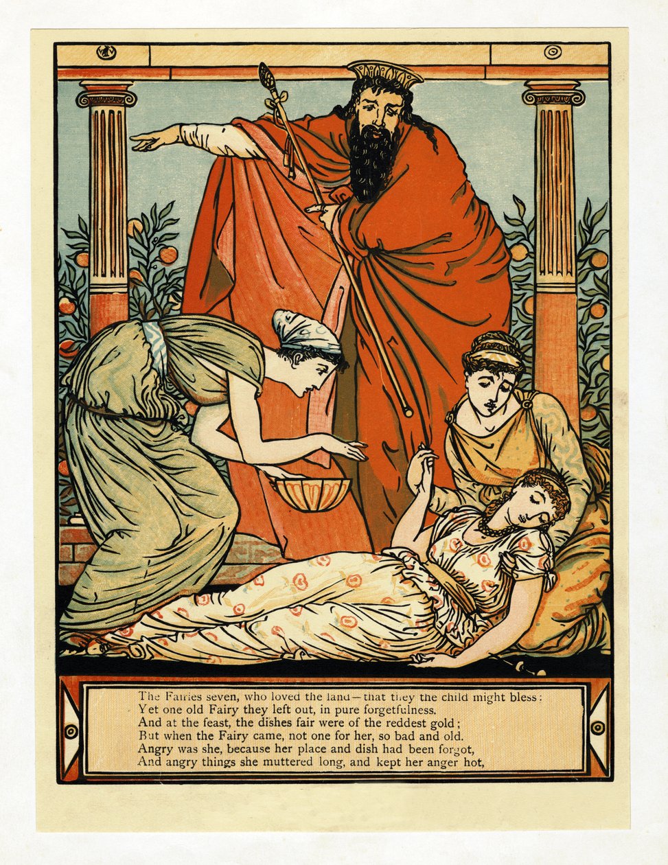 Og ned faller hun i dødslignende søvn, , fra The Blue Beard Picture Book, pub. 1879 av Walter Crane