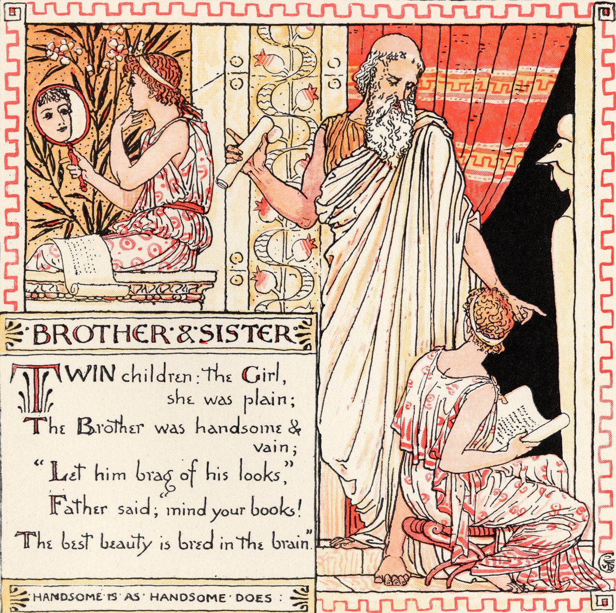 Bror og søster, illustrasjon fra 'Baby's Own Aesop', gravert og trykt av Edmund Evans, London, utgitt ca. 1920 av Walter Crane