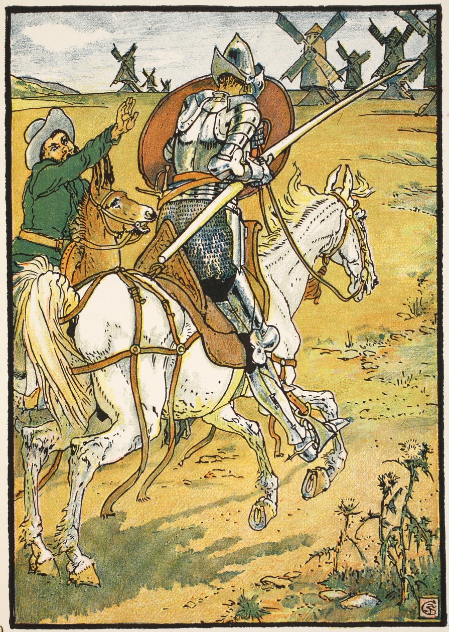 Don Quixote and the Windmills, illustrasjon fra 'Don Quixote of the Mancha' gjenfortalt av Judge Parry, pub. Blackie und Son Ltd, London, 1900 av Walter Crane