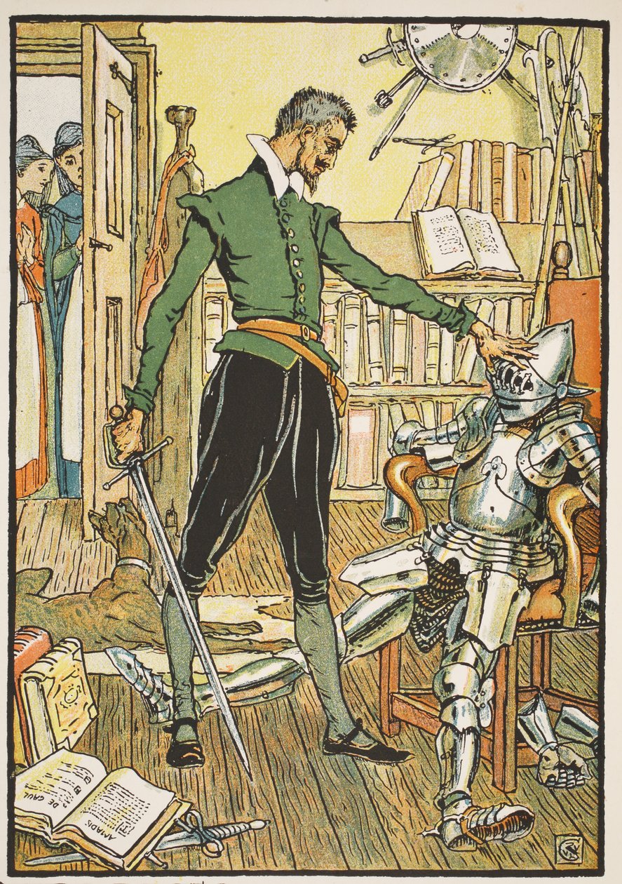 Don Quixote tester hjelmen sin, illustrasjon fra 