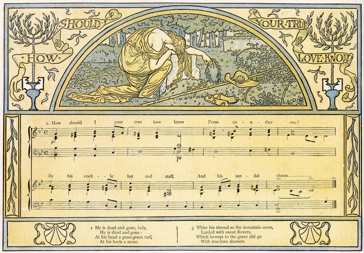 'How Should I Your True Love Know', Ophelias sang fra 'Hamlet', Act IV, Scene 5, illustrasjon fra 'Pan-Pipes', A Book of Old Songs, Nyarrangert og med akkompagnement av Theo. Marzials, publis av Walter Crane