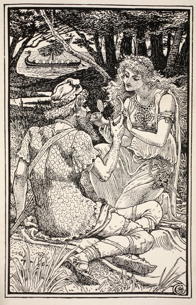 «Jeg har drinker som er en helt verdig», sa Sunbright med et smil, illustrasjon fra «Mrs Burton Harrisons Folk and Fairy Tales», 1885 av Walter Crane