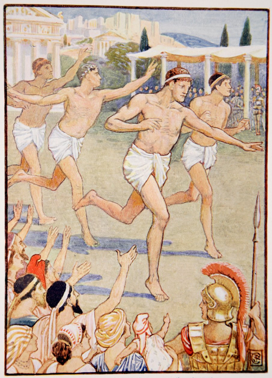 I de tidligste tider var et enkelt fotløp den eneste begivenheten, illustrasjon fra The Story of Greece av Mary Macgregor, 1. utgave, 1913 (fargetrykk) av Walter Crane