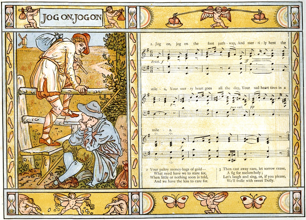 'Jog On, Jog On', sangillustrasjon fra 'Pan-Pipes', A Book of Old Songs, Nyarrangert og med akkompagnement av Theo. Marzials, utgitt i London av George Routledge und Sons, 1884 av Walter Crane