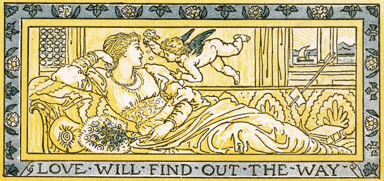 'Love Will Find Out the Way', sangillustrasjon fra 'Pan-Pipes', A Book of Old Songs, Nyarrangert og med akkompagnement av Theo. Marzials, utgitt i London av George Routledge und Sons, 1884 (ca av Walter Crane