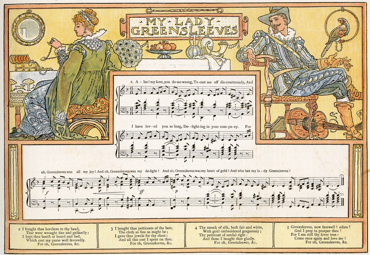 'My Lady Greensleeves', sangillustrasjon fra 'Pan-Pipes', A Book of Old Songs, Nyarrangert og med akkompagnement av Theo. Marzials, utgitt i London av George Routledge und Sons, 1884 (farge av Walter Crane