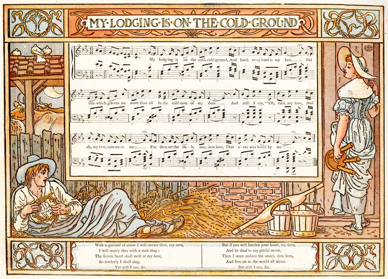 'My Lodging is on the Cold Ground', sangillustrasjon fra 'Pan-Pipes', A Book rf Old Songs, Nyarrangert og med akkompagnement av Theo. Marzials, utgitt i London av George Routledge und Sons, 1 av Walter Crane