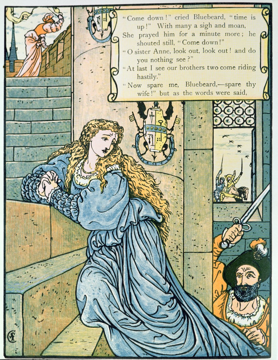 'O søster Anne, ser du ingenting', illustrasjon for 'Blåskjegg' av Charles Perrault (1628-1703) (fargegravering) av Walter Crane