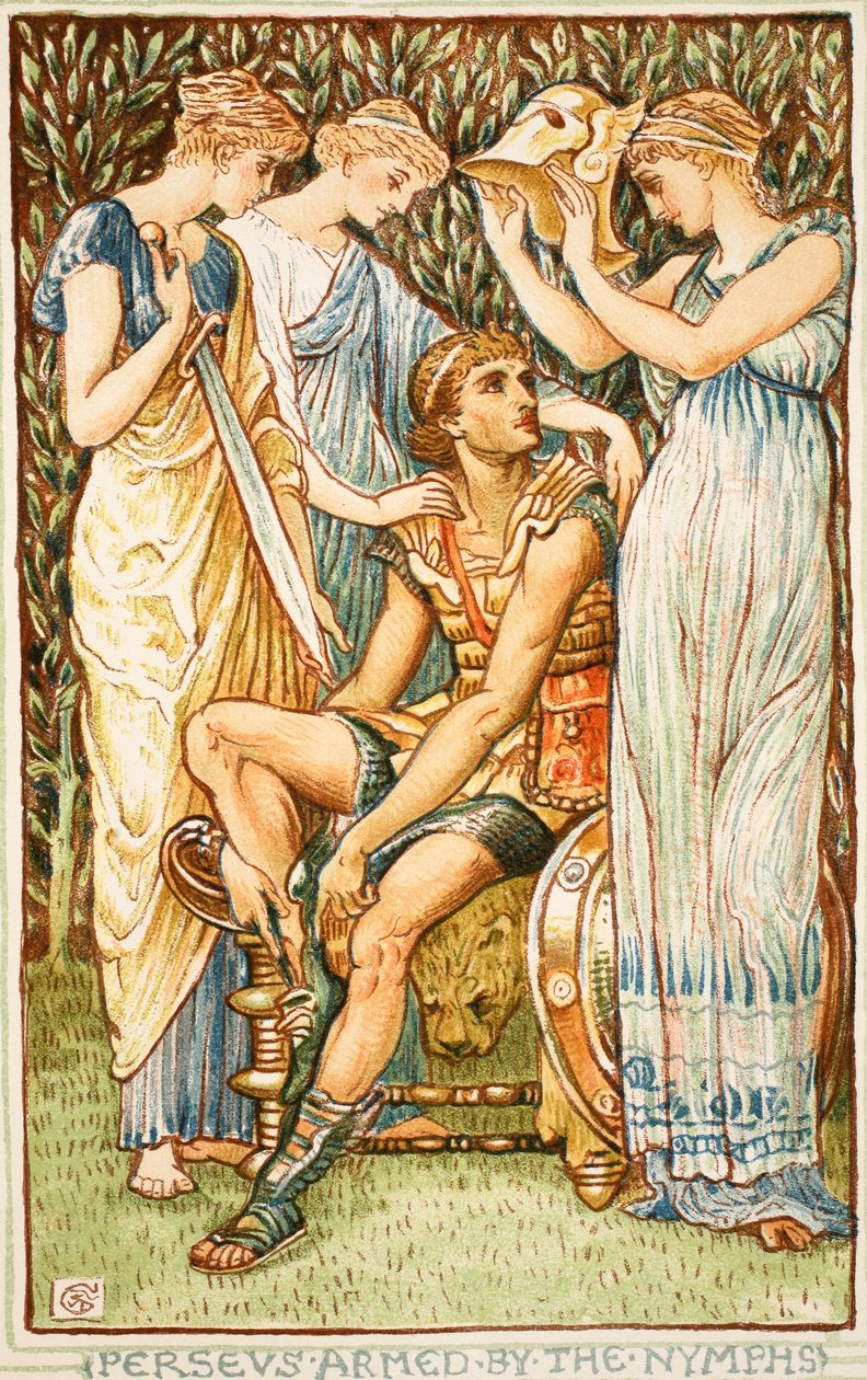 Perseus bevæpnet av nymfene, illustrasjon fra 