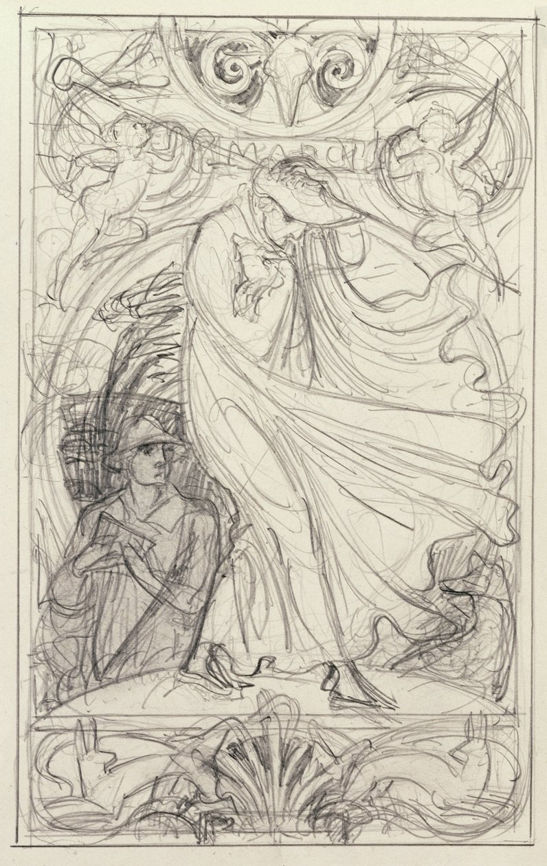 Forberedende tegning til en kalender, ca. 1890 (blyant og penn og blekk med vask på papir) av Walter Crane