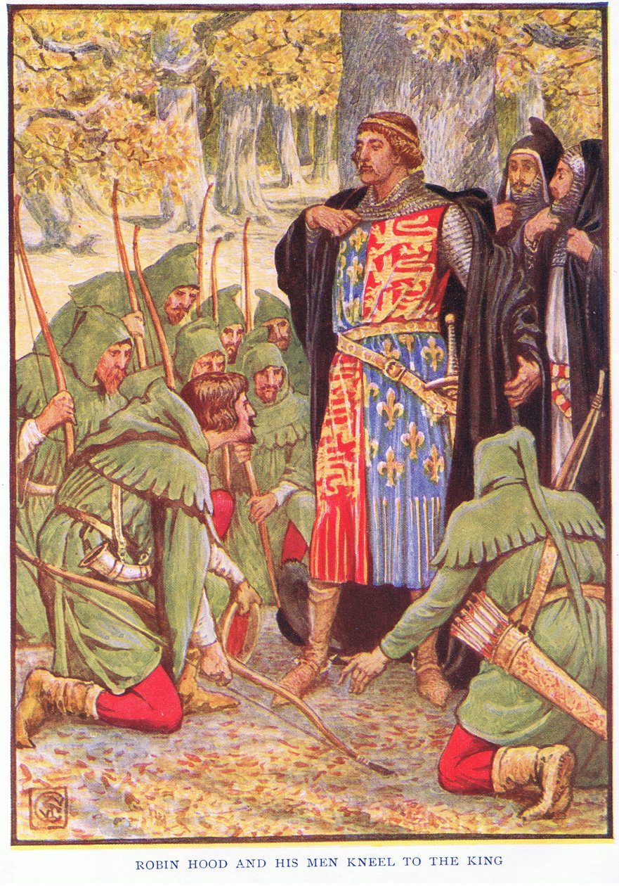 Robin og hans menn kneler for kongen, ca. 1920 av Walter Crane