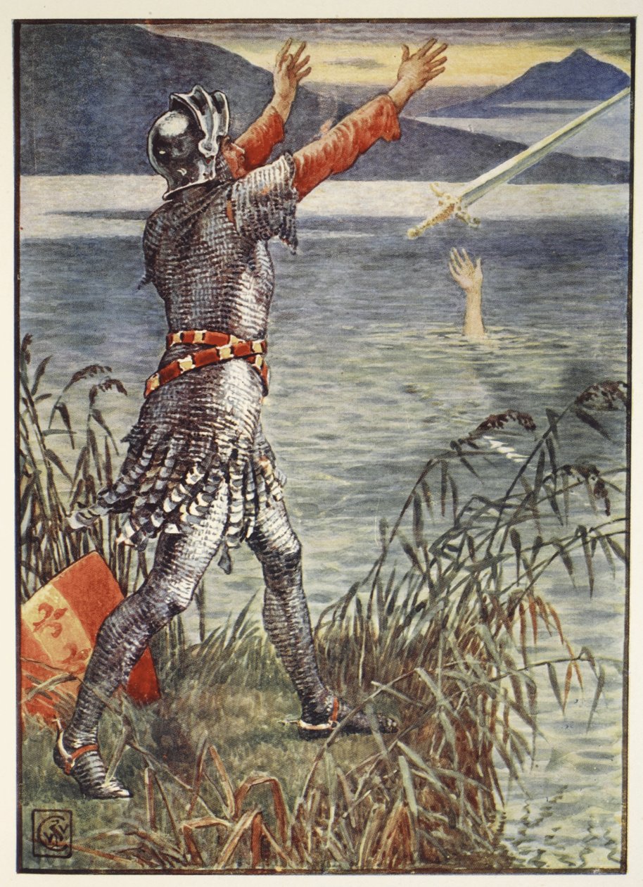 Sir Bedivere kaster sverdet Excalibur i innsjøen, fra 'Stories of the Knights of the Round Table' av Henry Gilbert, første utgave, 1911 av Walter Crane