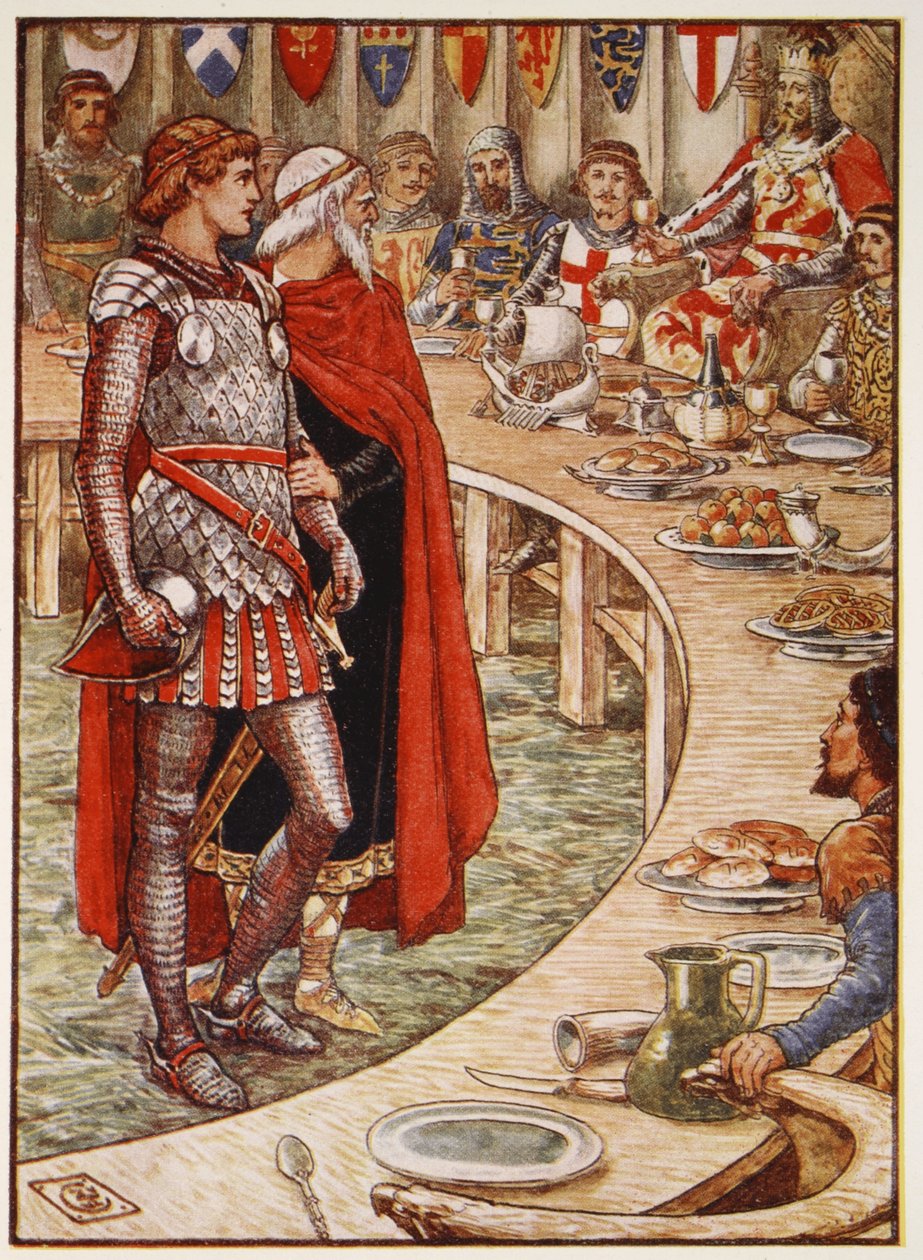 Sir Galahad blir brakt til hoffet til kong Arthur, fra 