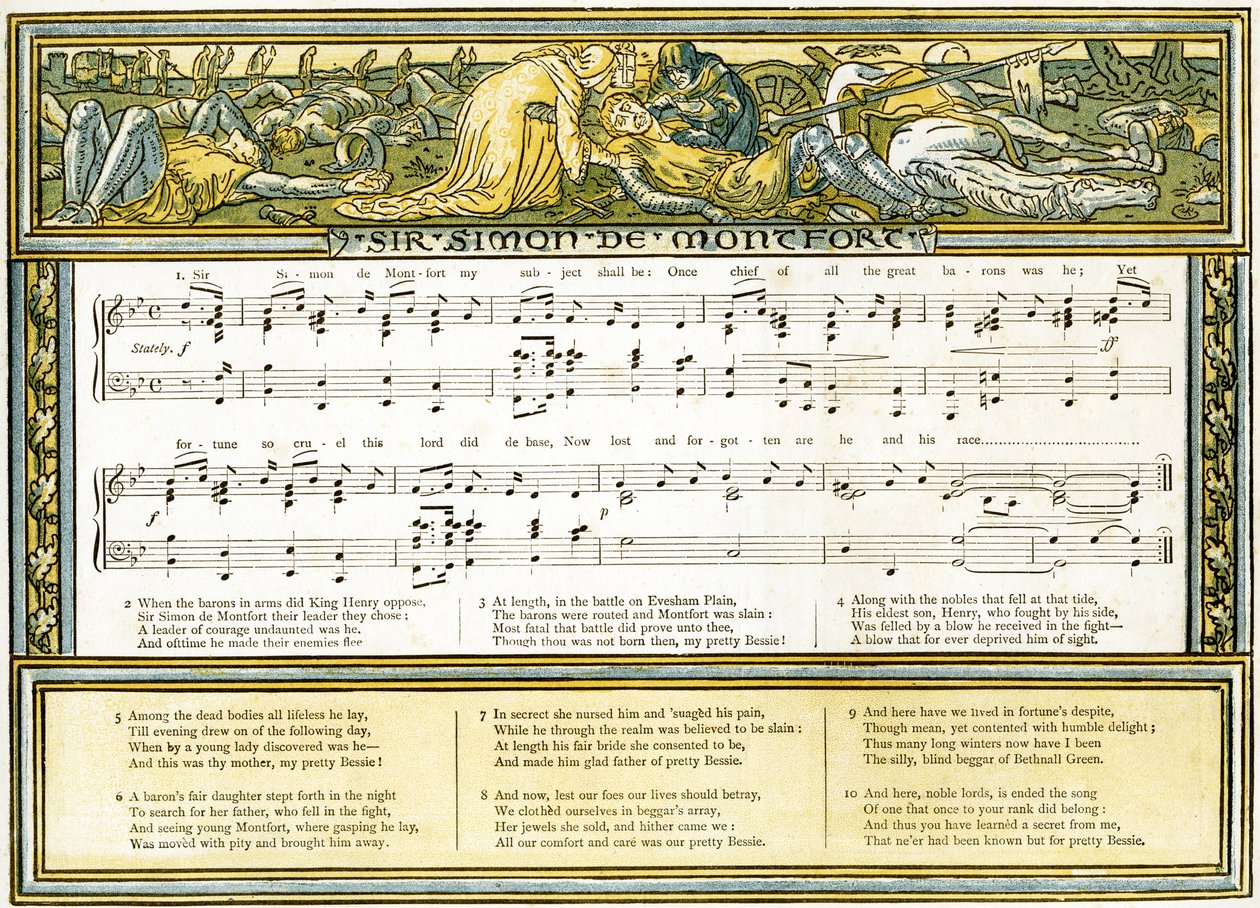 'Sir Simon de Montfort', sangillustrasjon fra 'Pan-Pipes', A Book of Old Songs, Nyarrangert og med akkompagnement av Theo. Marzials, utgitt i London av George Routledge und Sons, 1884 (farge av Walter Crane