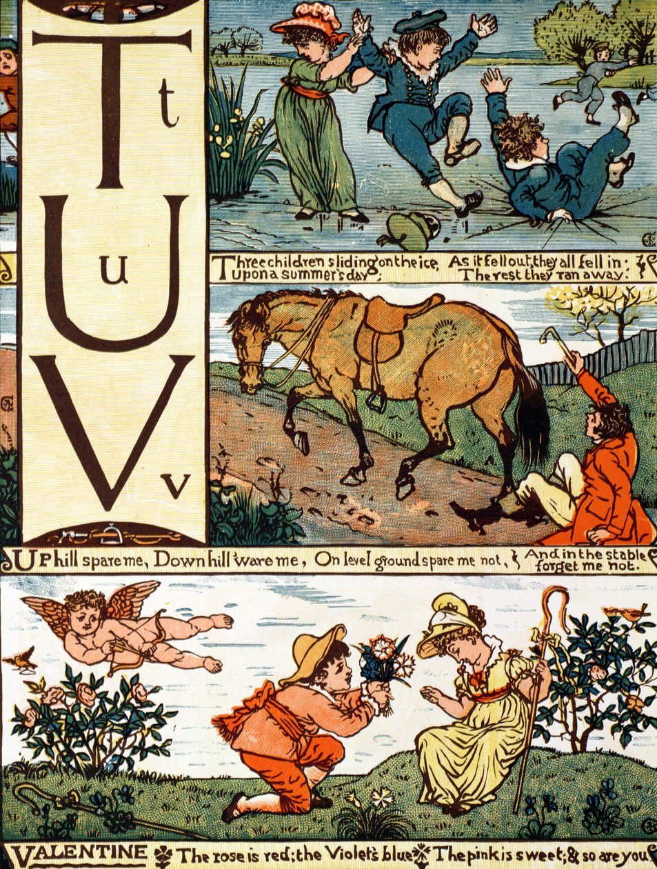 T til V fra et alfabet basert på gamle barnerim av Walter Crane