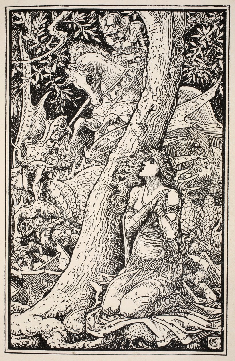 Redd fra vettet sitt huket han pesende på bakken, illustrasjon fra 'Mrs Burton Harrisons Folk and Fairy Tales', 1885 av Walter Crane