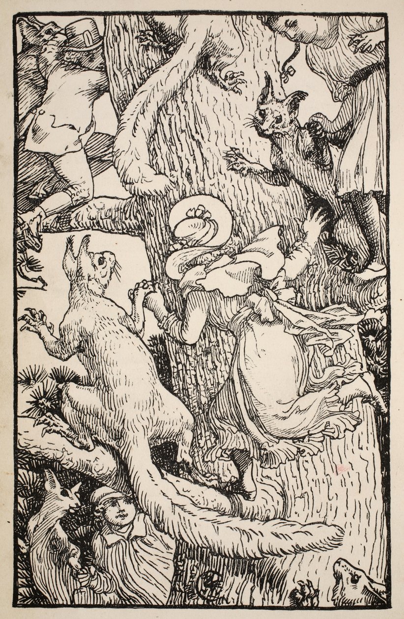 Barna klatret på juletreet med dyr og det hele, illustrasjon fra 'Mrs Burton Harrisons Folk and Fairy Tales', 1885 av Walter Crane