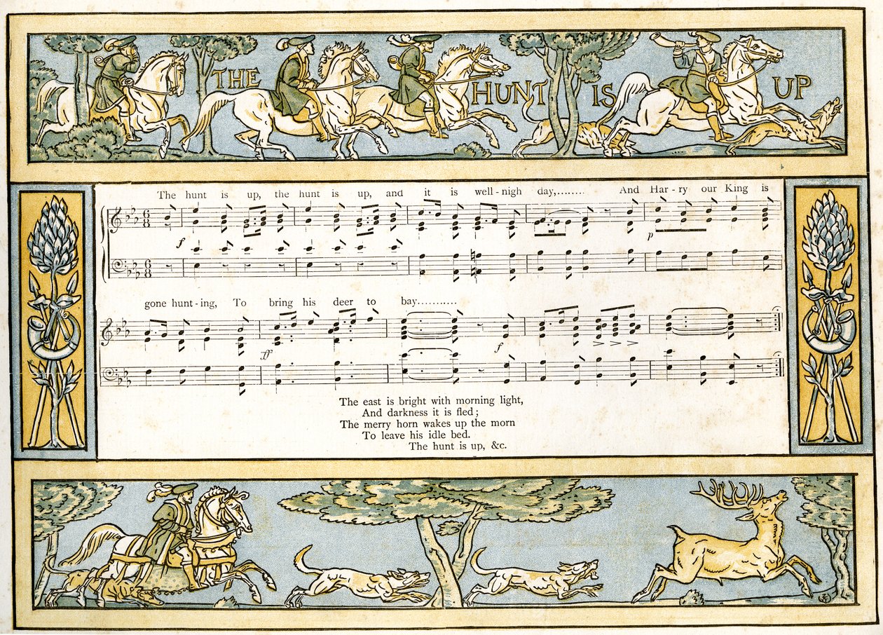 «Jakten er oppe og det er godt nær dag og Harry vår konge er borte på jakt», sangillustrasjon fra «Pan-Pipes», A Book of Old Songs, Nyarrangert og med akkompagnement av Theo. Marzials, publiser av Walter Crane