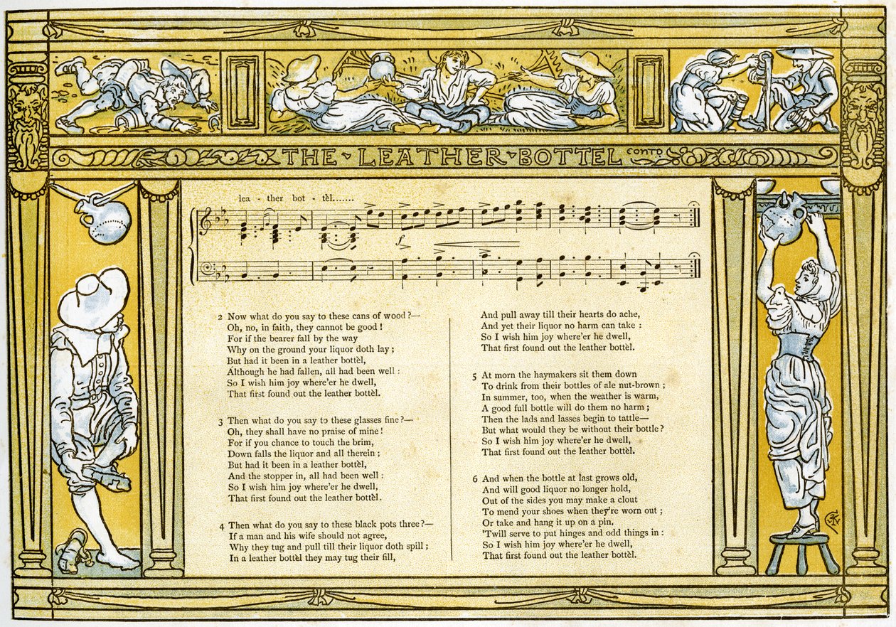 'Leather Bottel', sangillustrasjon fra 'Pan-Pipes', A Book of Old Songs, Nyarrangert og med akkompagnement av Theo. Marzials, utgitt i London av George Routledge und Sons, 1884 (farge li av Walter Crane