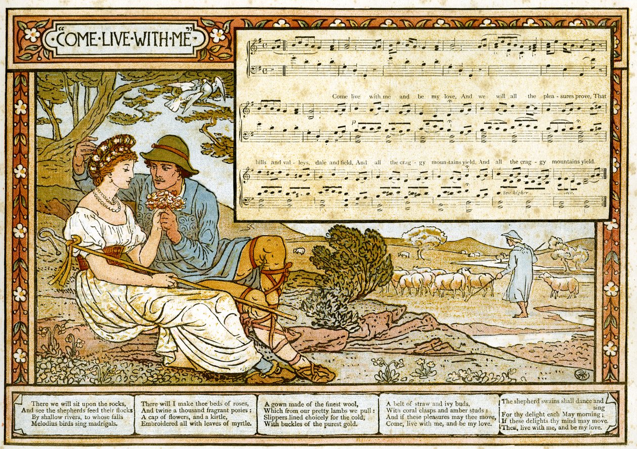 'The Passionate Shepherd to his Love', sangillustrasjon fra 'Pan-Pipes', A Book of Old Songs, Nyarrangert og med akkompagnement av Theo. Marzials, utgitt i London av George Routledge und Sons av Walter Crane
