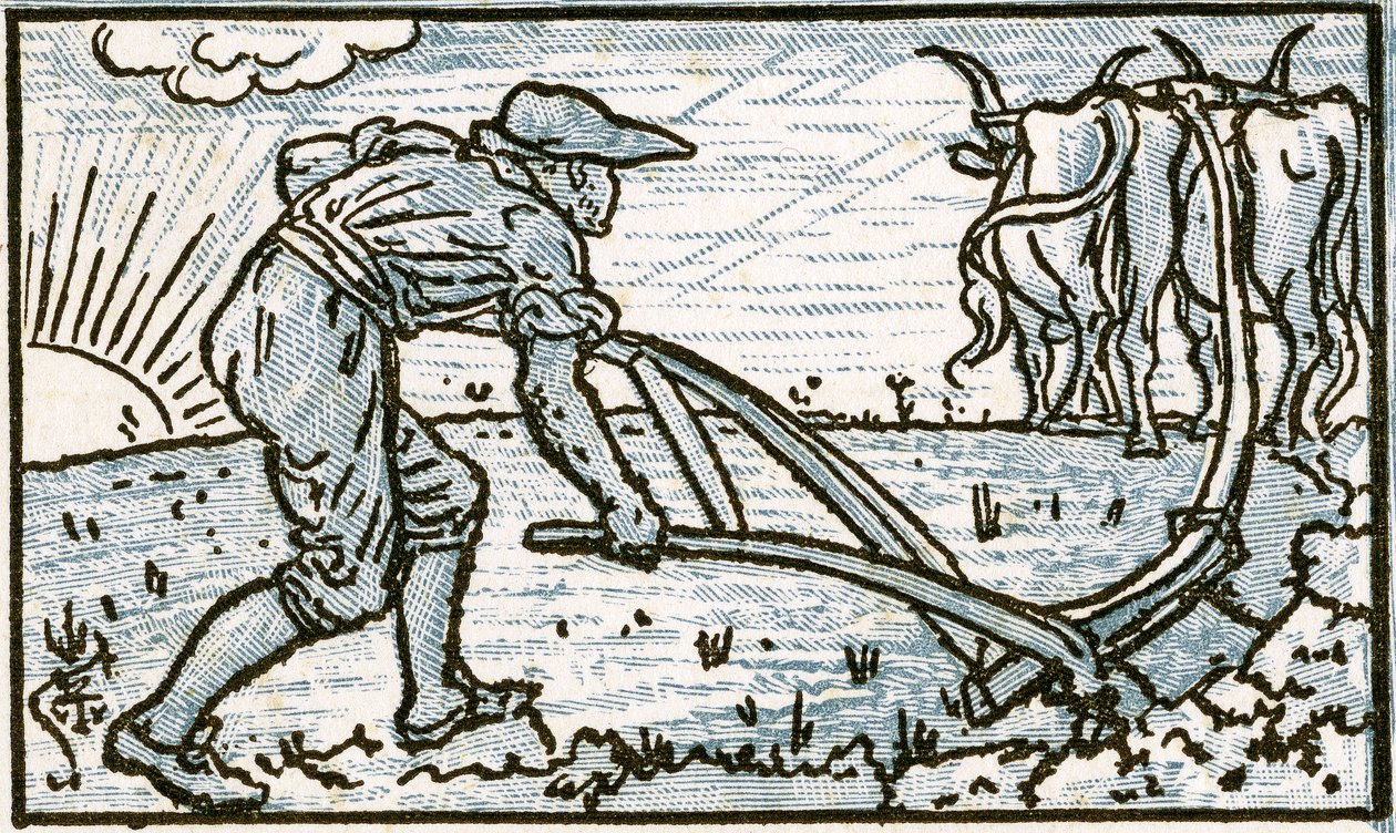 The Ploughman, sangillustrasjon for 'Who Liveth So Merry in all this Land', fra 'Pan-Pipes', A Book of Old Songs, Nyarrangert og med akkompagnement av Theo. Marzials, utgitt i London av Ge av Walter Crane