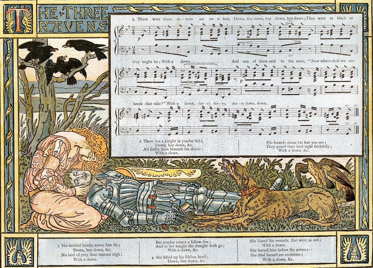 'The Three Ravens', sangillustrasjon fra 'Pan-Pipes', A Book of Old Songs, Nyarrangert og med akkompagnement av Theo. Marzials, utgitt i London av George Routledge und Sons, 1884 (farge lith av Walter Crane