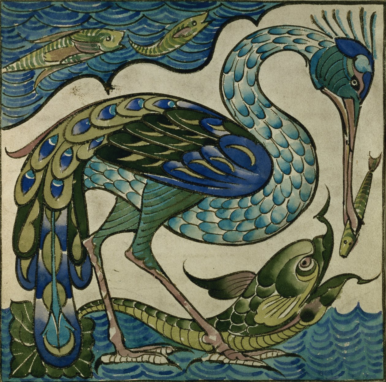 Flisdesign av hegre og fisk, av Walter Crane (1845-1915) av Walter Crane