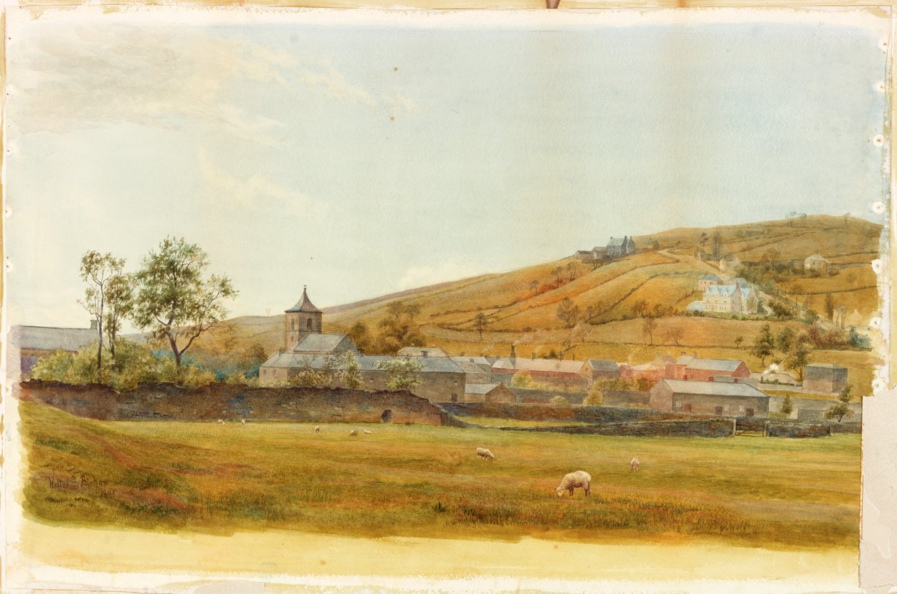 Landskap med kirke- og saueblyant og akvarell på papir limt på kort av Walter Follen Bishop