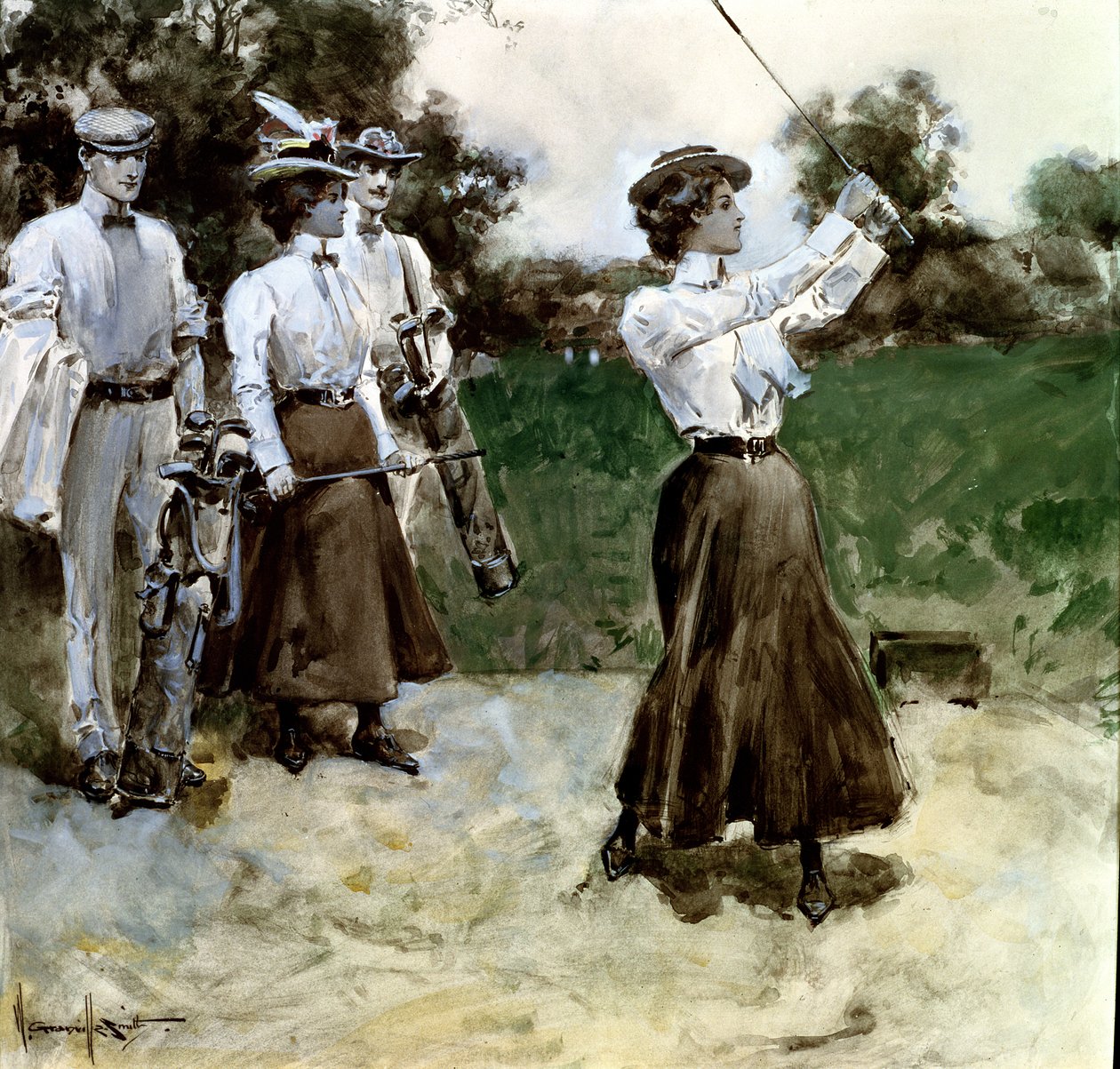 Golf Foursome, ca. 1900 (gouache og wc om bord) av Walter Granville Smith