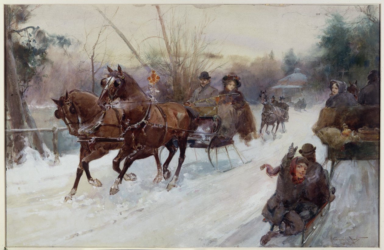 Sleighing in the Park, 1896 (wc og gouache på papir) av Walter Granville Smith