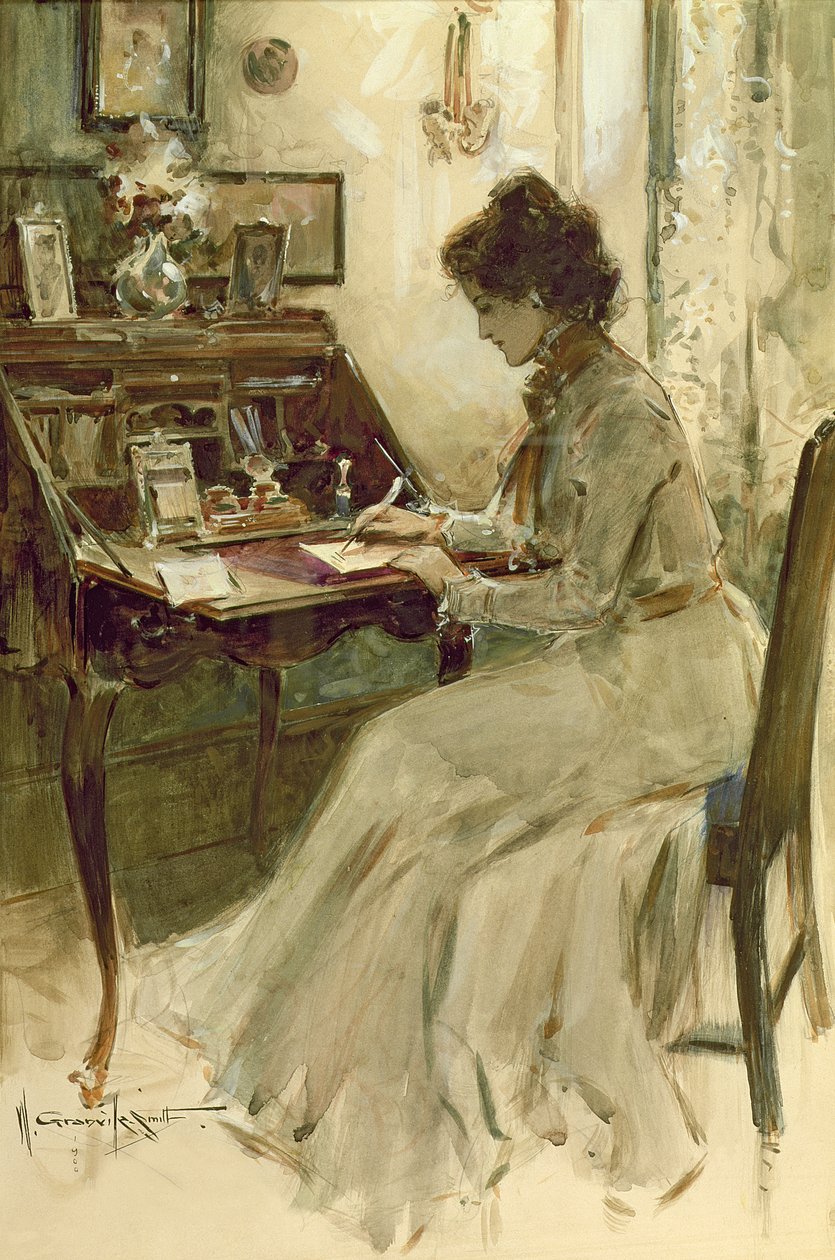 Skrive et brev, 1900 (wc på illustrasjonstavle) av Walter Granville Smith