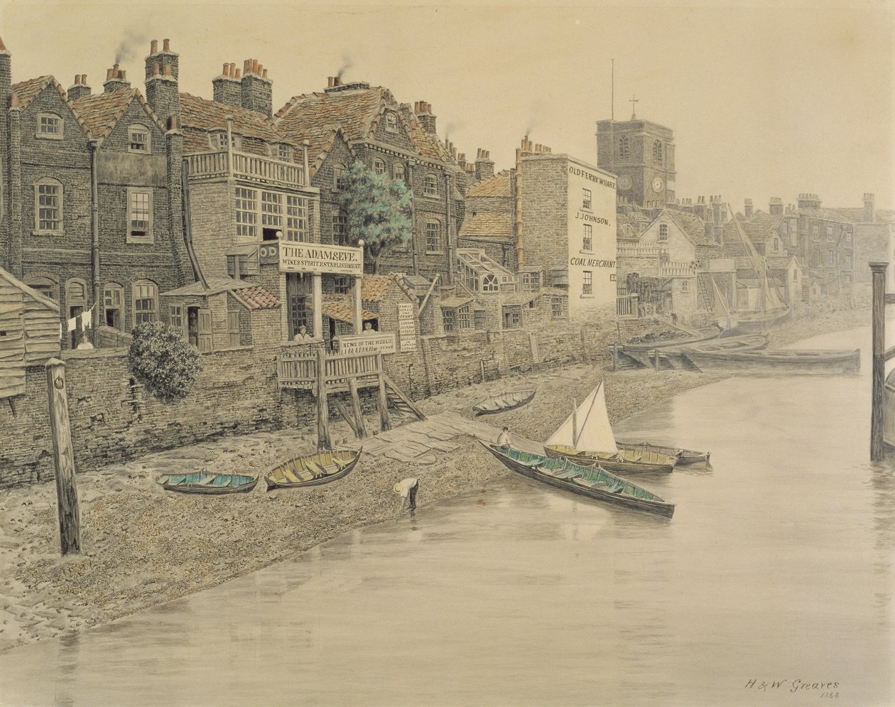 En utsikt over Themsen som viser Adam og Eva Tavern i Chelsea, 1868 (se også 45025) av Walter Greaves