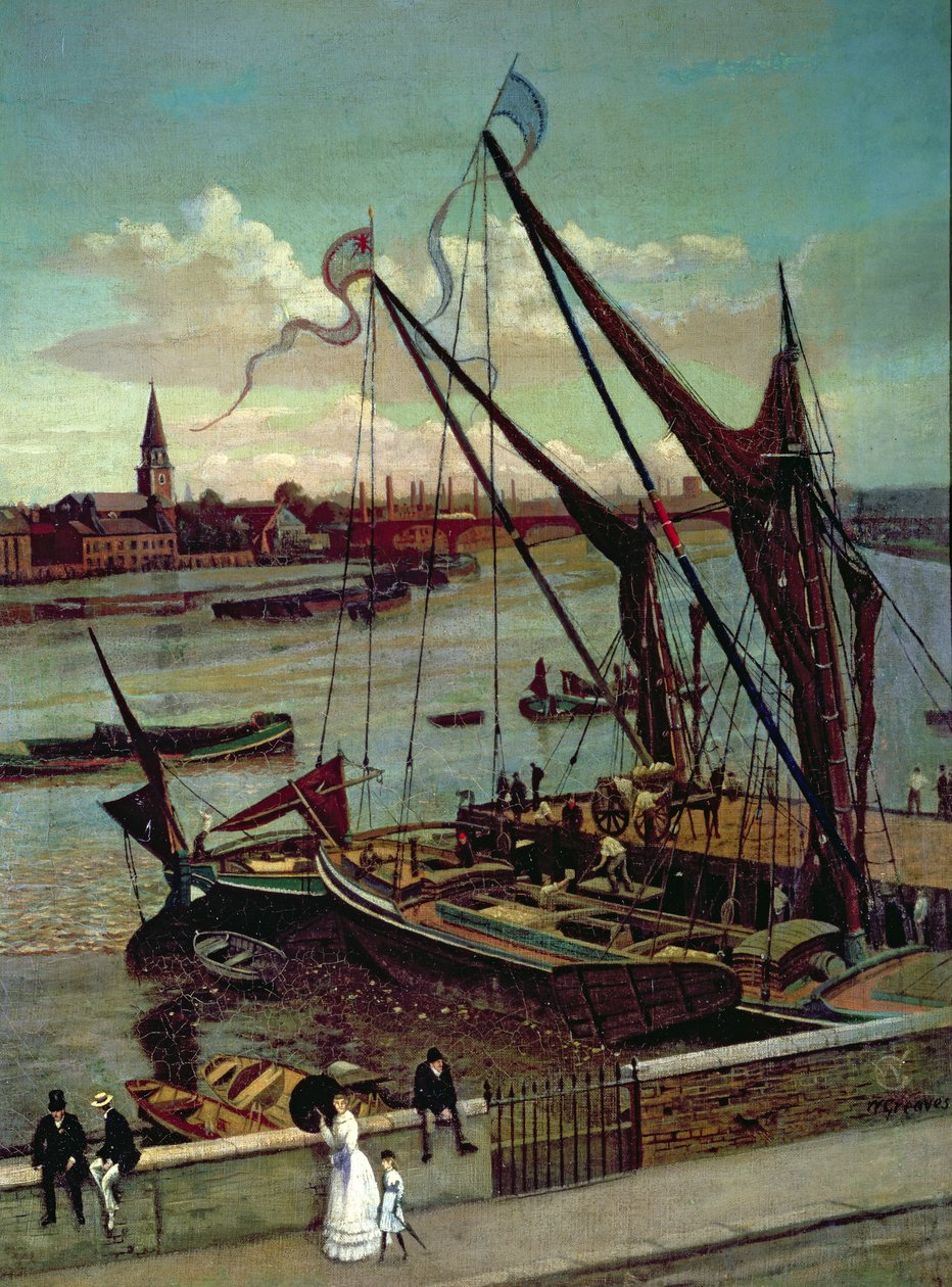 Lossing av lekteren, Lindsay Jetty og Battersea Church, ca. 1860 av Walter Greaves
