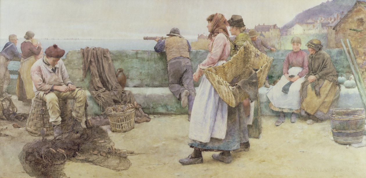 In a Cornish Fishing Village: Departure of the Fleet for the North, 1886 (wc på papir) av Walter Langley