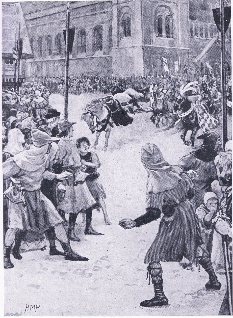 En hendelse i kroningsseremoniene til Edward I i Westminster, fra Cassells History of the British People utgitt av Waverley Book Company Limited, ca. 1940 av Walter Paget