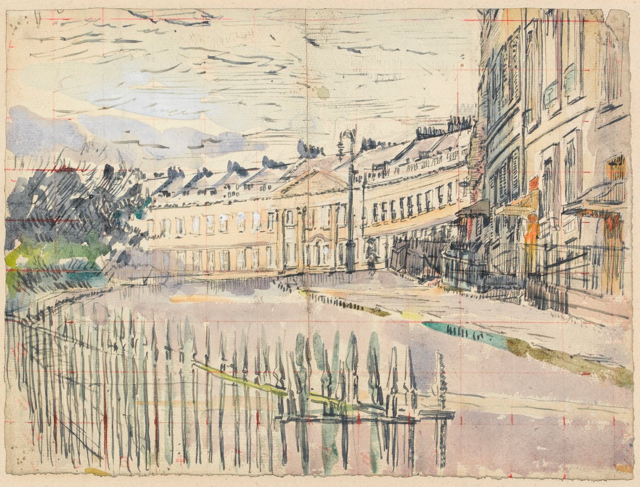 Utsikt over Lansdown Crescent, Bath (penn og blekk med wc over grafitt på papir) av Walter Richard Sickert