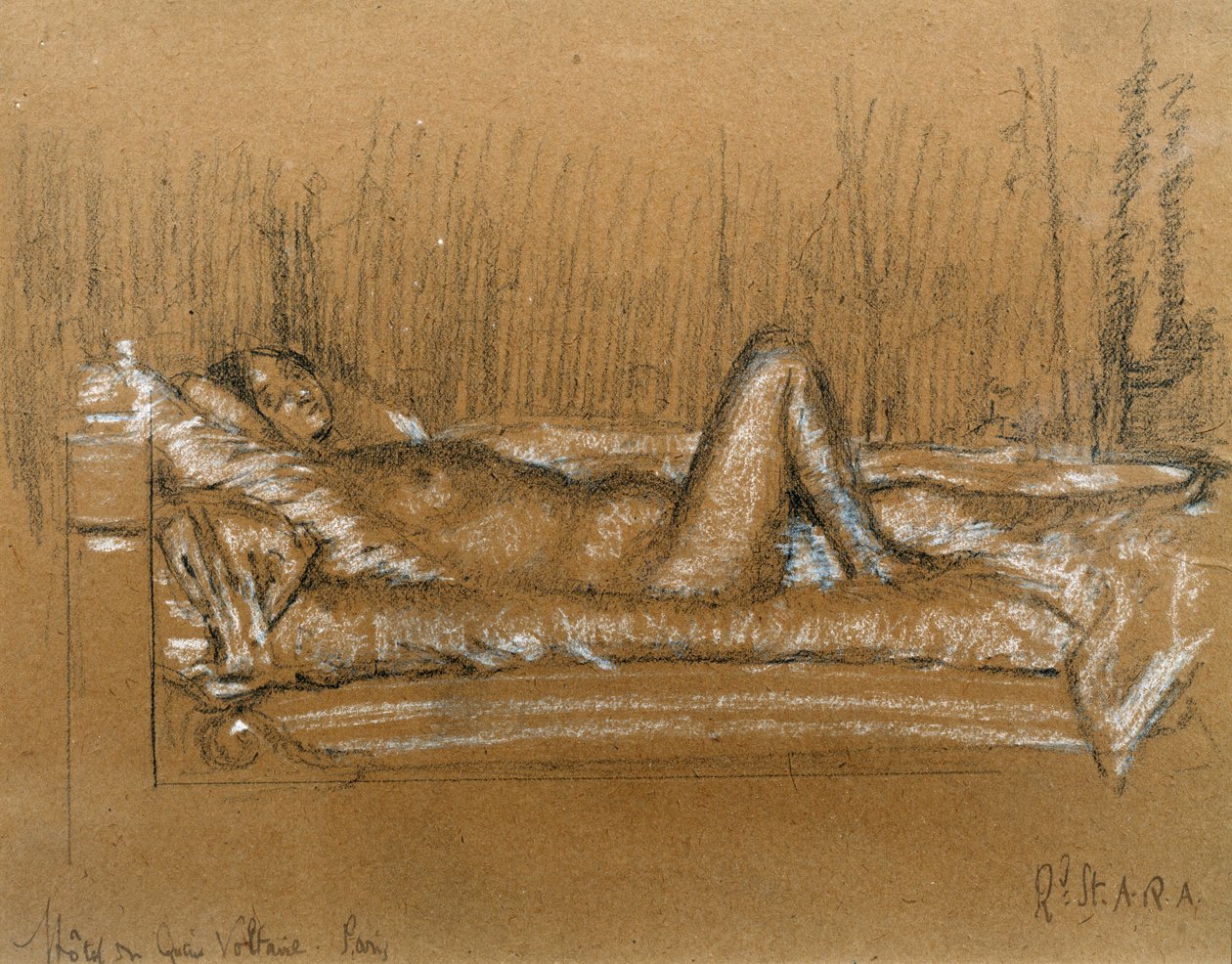 Jeanne, Hotel du Quai Voltaire, Paris (kull og hvitt kritt på papir) av Walter Richard Sickert