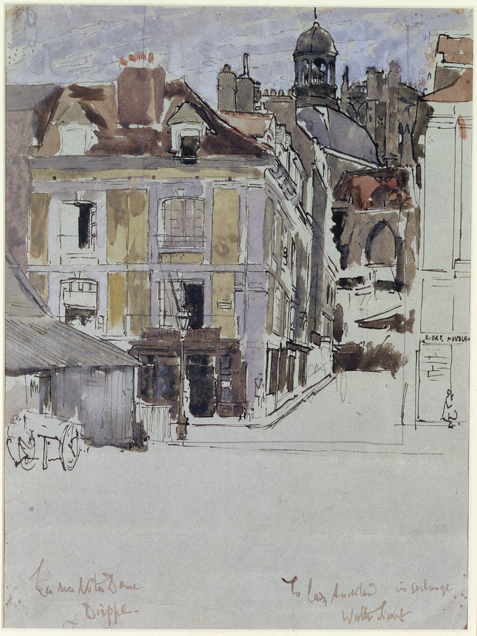 La Rue Notre Dame, Dieppe, med Quai Duquesne i forgrunnen, ca. 1899 (wc over blyant og blekk på papir) av Walter Richard Sickert