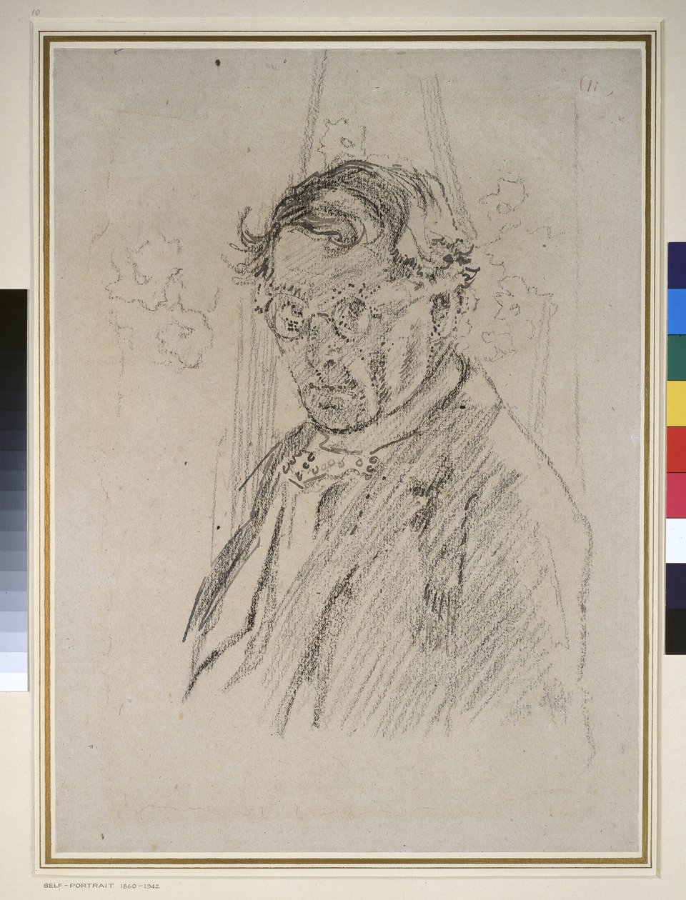 Selvportrett med briller (penn og blekk med kritt på papir) av Walter Richard Sickert