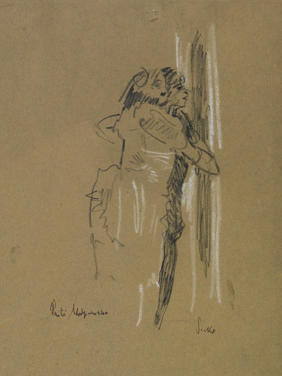 To stående figurer, ca. 1907 (svart og hvitt kritt på falmet blått papir) av Walter Richard Sickert