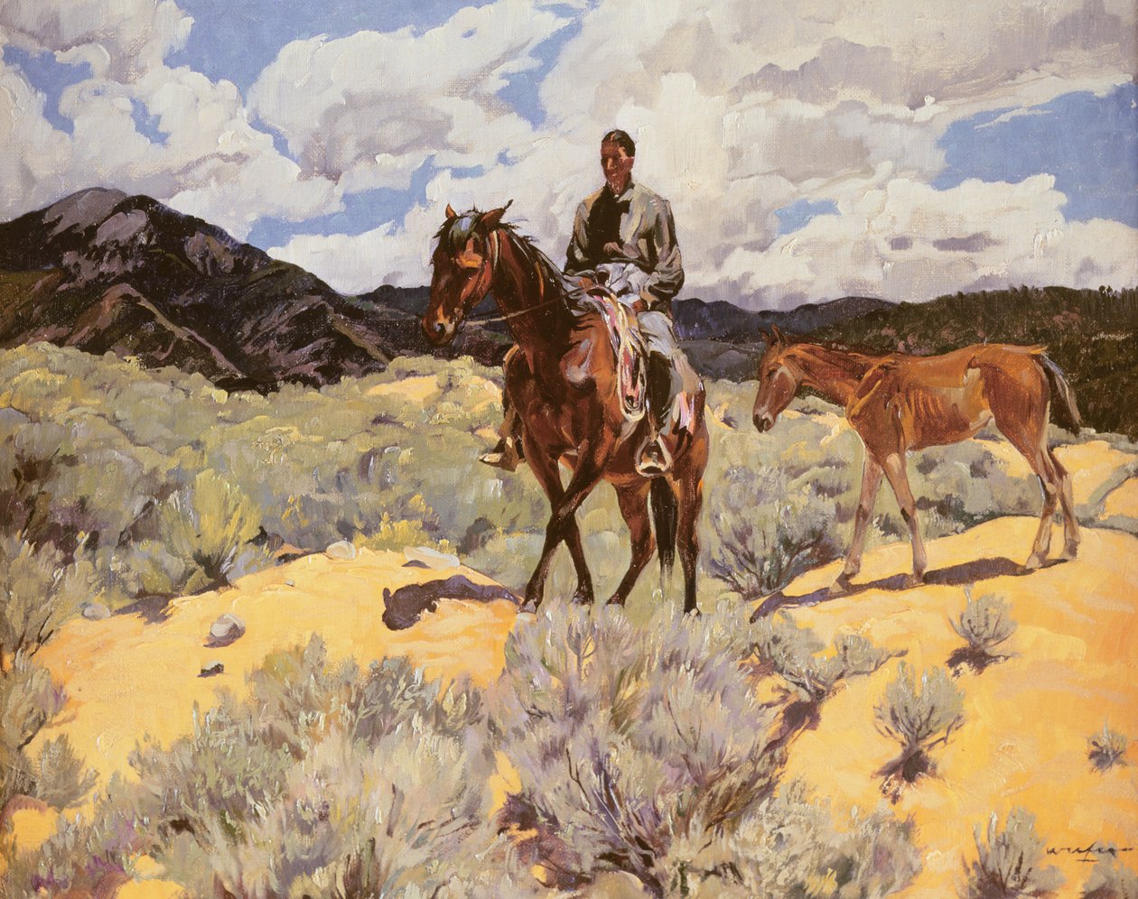Indianer til hest med Colt, ca. 1930 av Walter Ufer