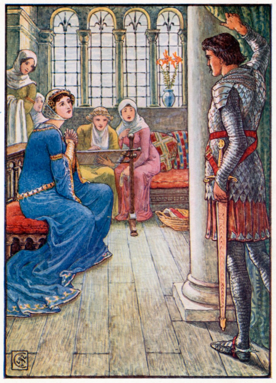 Sir Owen hilser på fontenefruen (fargelitografi) av Walter (after) Crane