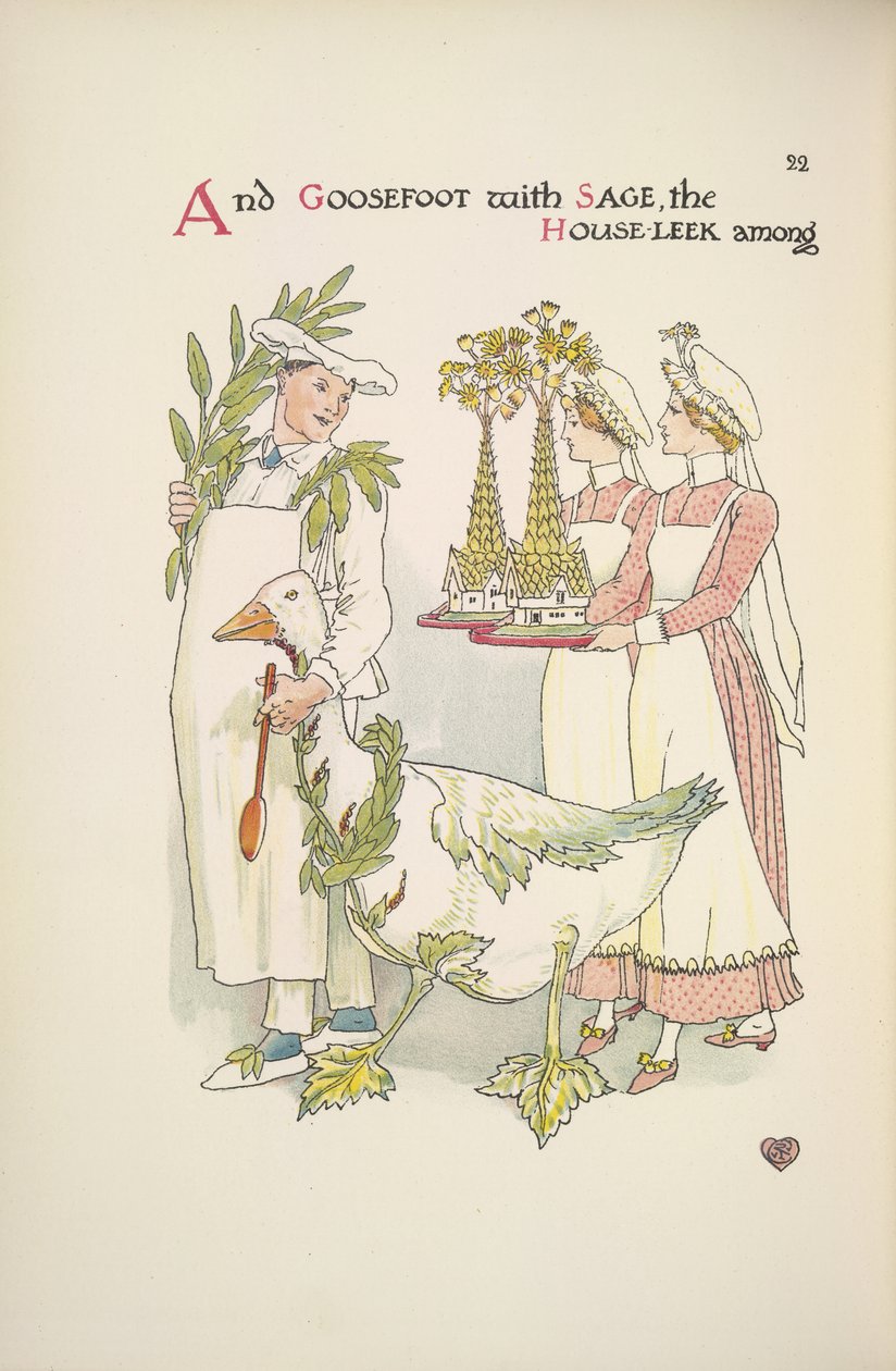 En kokk som holder en gås. To damer som bærer brett av Walter Crane