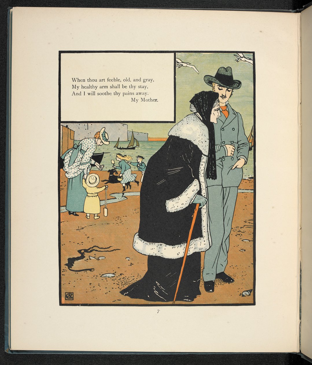En mann med sin mor på en strand. av Walter Crane