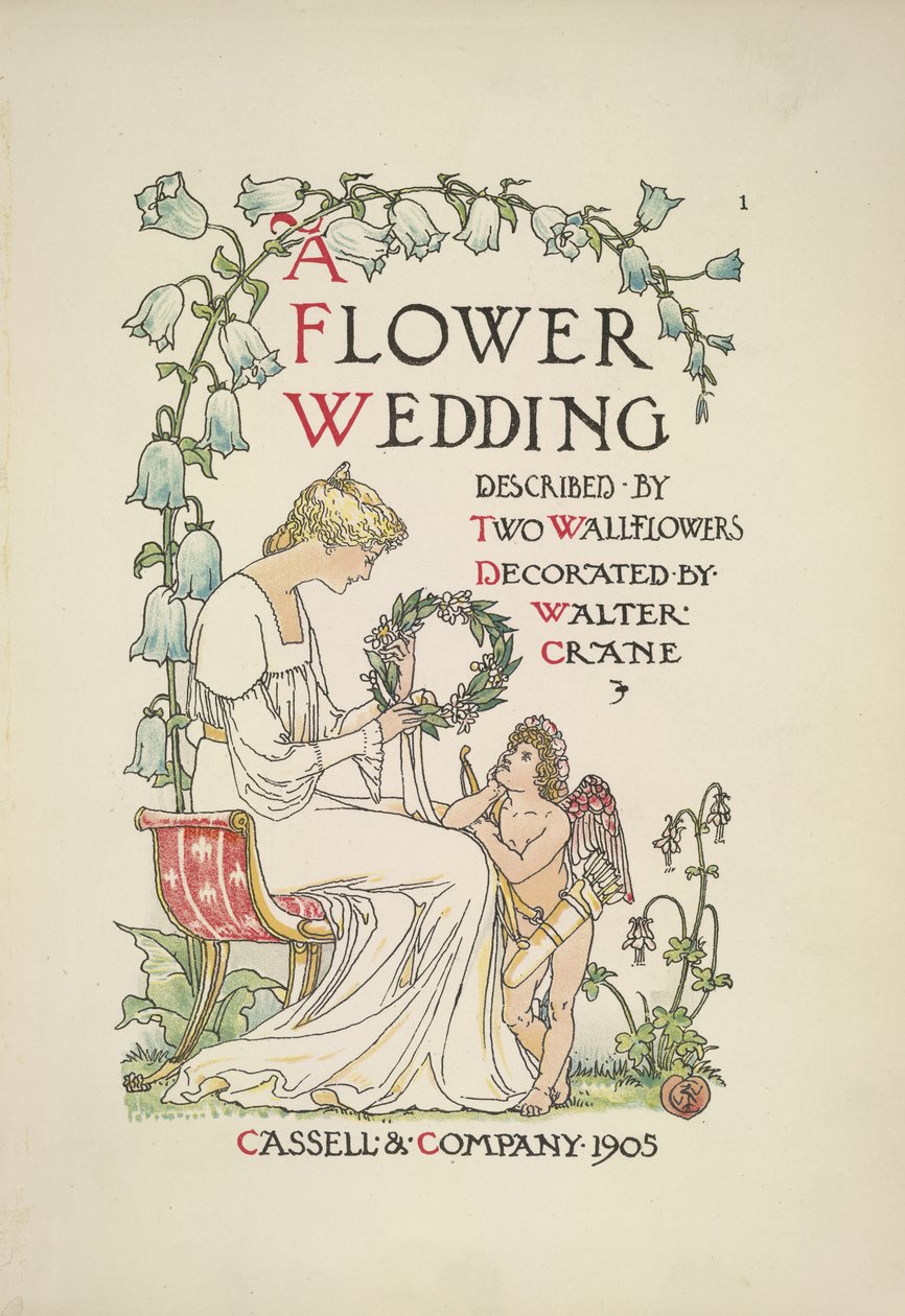 En sittende kvinne som holder en krans; en engel ser opp på henne av Walter Crane