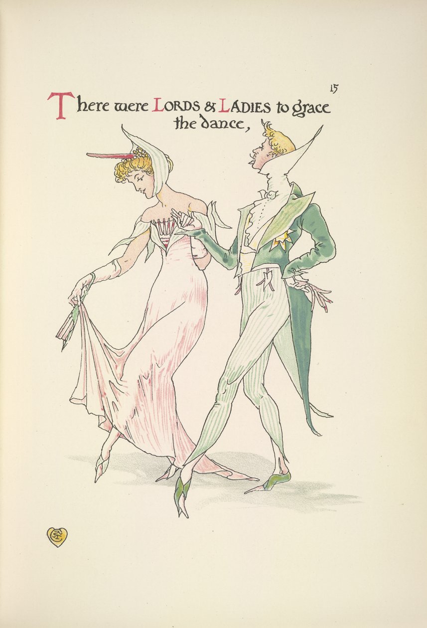 En ung mann og kvinne forbereder seg til å danse av Walter Crane