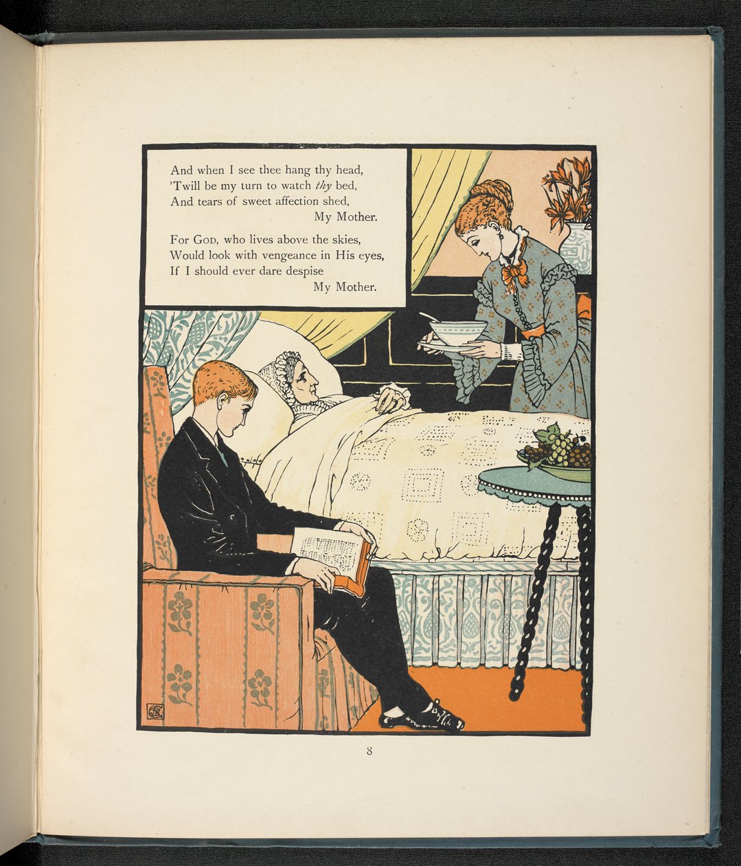 En ung mann sitter med sin mor, som er i sengen, og blir matet med suppe. av Walter Crane
