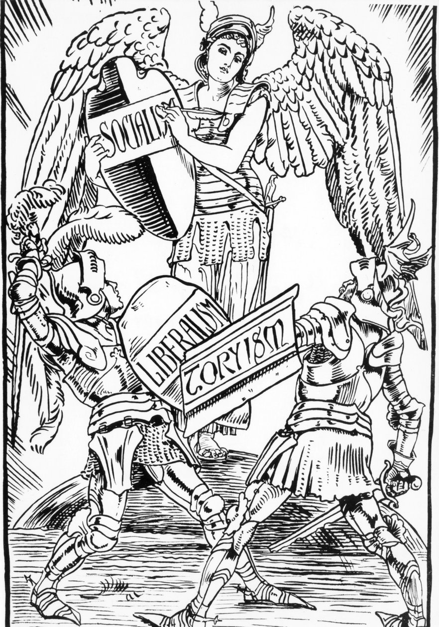 Allegori om Walter Crane: Sosialismen triumferer hardt kampen mellom liberalisme og torysme (det engelske konservative partiet). Gravering fra slutten av 1800-tallet. av Walter Crane
