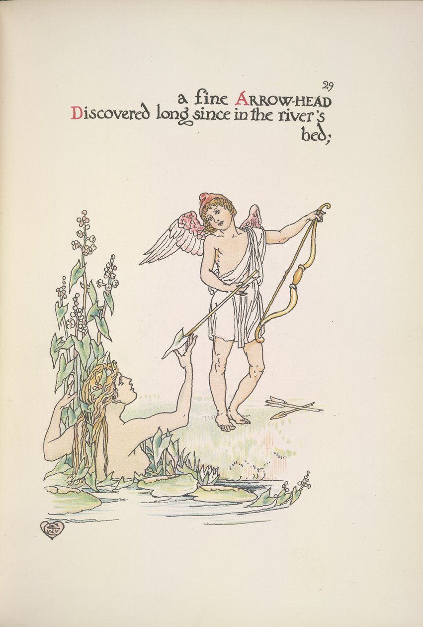 En engel som holder en pil, og en dame i en elv eller innsjø av Walter Crane