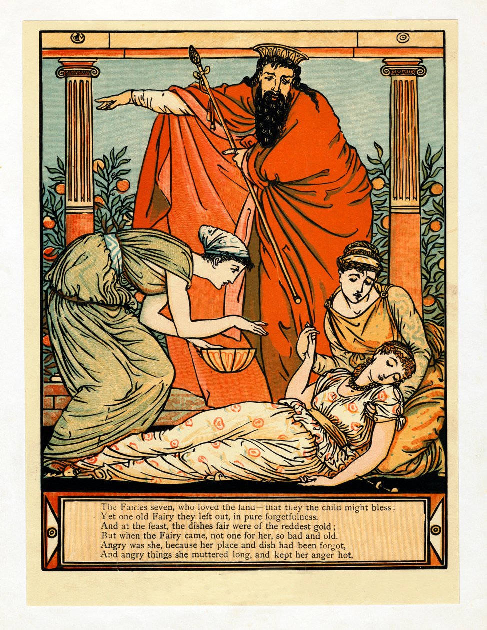 Og ned faller hun i dødslignende søvn, fra The Blue Beard Picture Book, pub. 1879. av Walter Crane